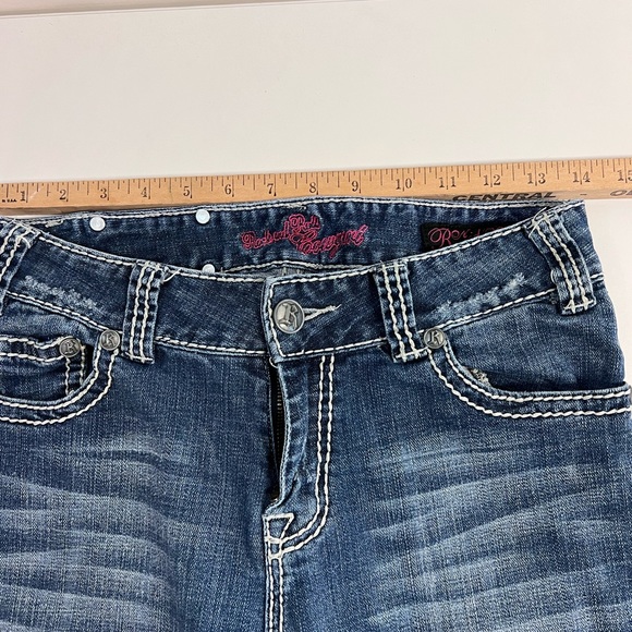 R&R Cowgirl 29"x24" Tall Bootcut Flare Low Mid Rise dark blue distressed - Picture 8 of 11